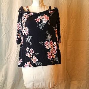 Maurices Xs off the shoulder top, black with pink floral print.